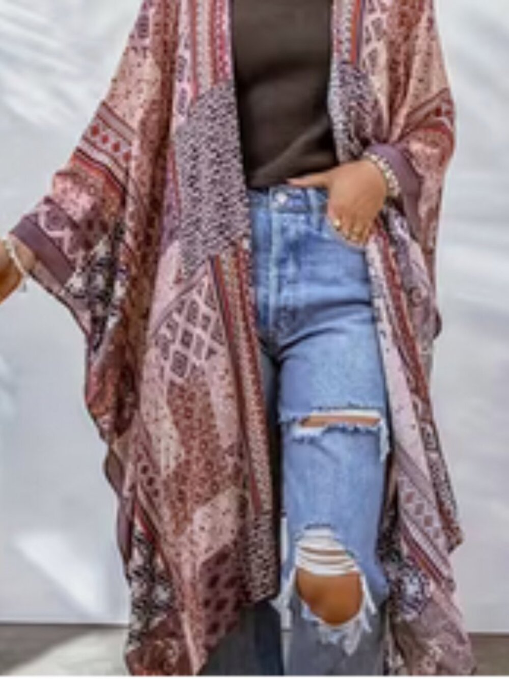 Plus Size Boho Cardigan Kimnono Aztec Print Bat Sleeve Open Front Cover Up Beach